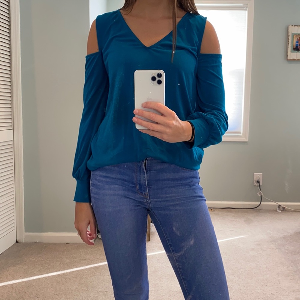 Teal blue cold shoulder long sleeve shirt from Express.
